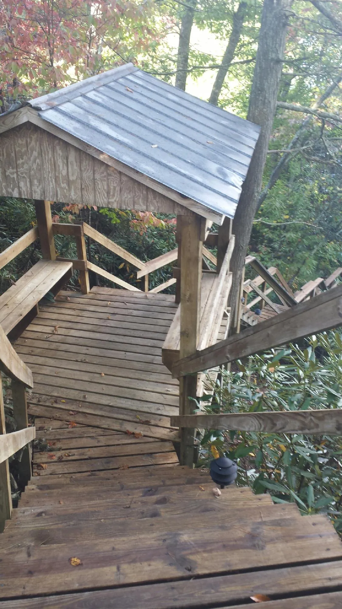 Metal roofed shelter over wooden steps on a wooded walkway — Skylight Repair & Installation work by our crew in Noatak